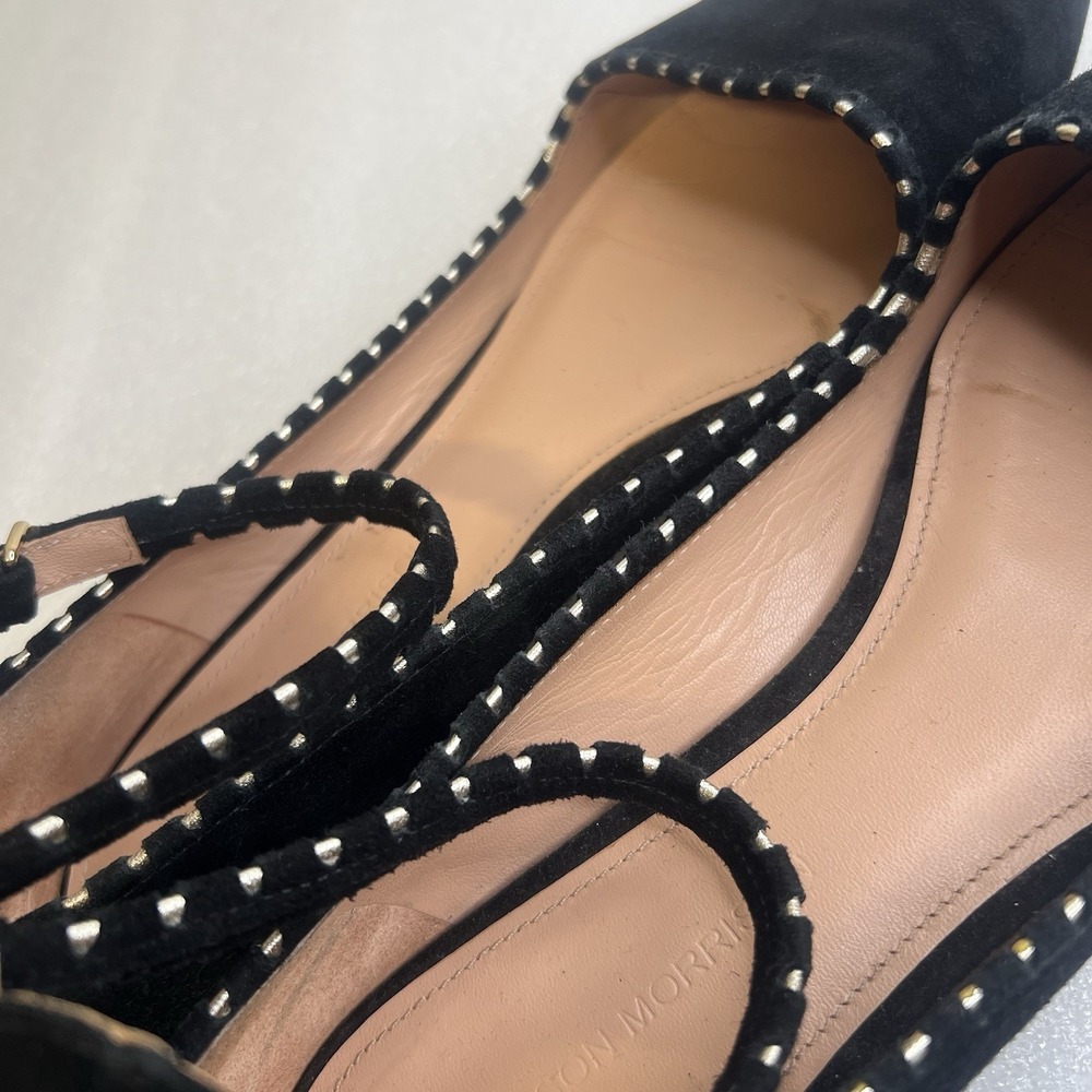 Belle Sigerson Morrison Black suede Flat Ballerina ANKLE Strap Gold Trim Sz 10 - Picture 8 of 13